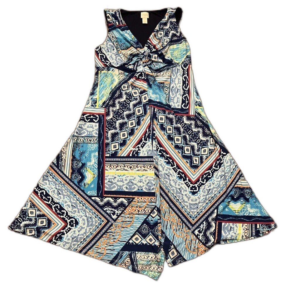 Chicos Dress Women's 1 Medium Colorful V Neck Sleeveless Midi Stretch Knot Front